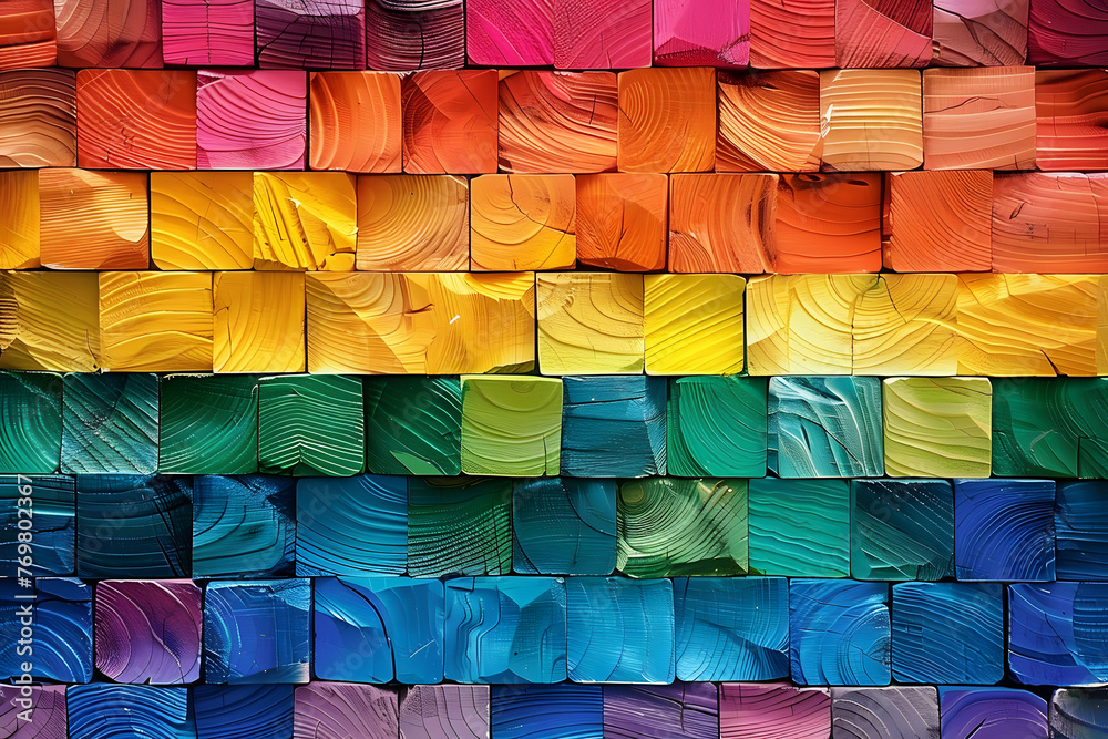 Pride flag made of tens of colorfully painted wooden blocks, colorful natural re-creation of a flag. - obrazy, fototapety, plakaty 