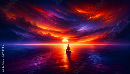 A sailboat journeying through a vast and tranquil ocean as the sun sets, casting a breathtaking array of colors across the sky and the calm.