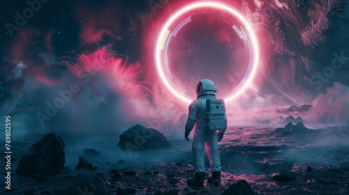 astronaut observing a neon circular portal on another planet in the universe in high resolution and quality