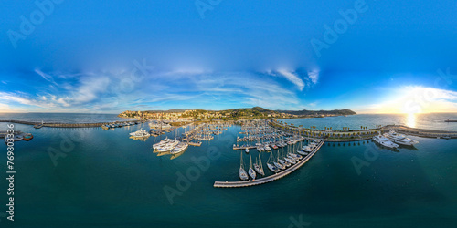 Imperia, Italy - Aerial view of Yahcts in thre Marina on the Mediterranean Sea at sunrise 