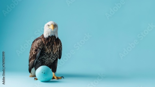 Bald eagle standing next to a spotted Easter eggs - A bald eagle calmly stands by a single blue egg with spots on a pastel blue backdrop