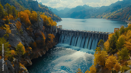 A serene dam nestled in a tranquil lake, encircled by a lush forest