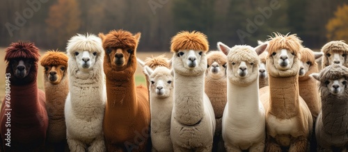 A group of llama camelids with fawn fur standing together in a picturesque landscape. Capturing the tranquil event of these terrestrial animals in the wild photo