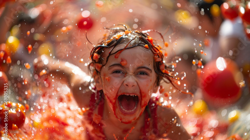 A young girl ecstatically covered in tomato pulp at the lively Tomatina festival