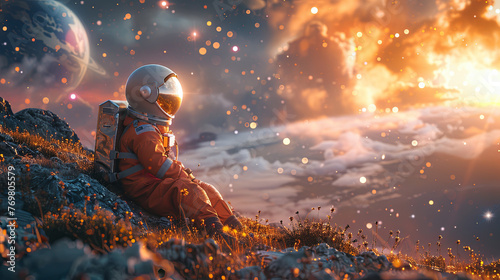 Child wearing astronaut suit, exploring space with stars and planets Astronaut on a hill, gazing at a distant planet