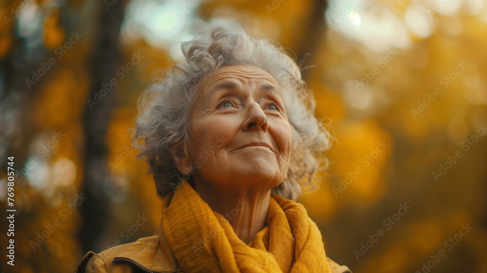 senior woman enjoying autumn view senior woman enjoying autumn view