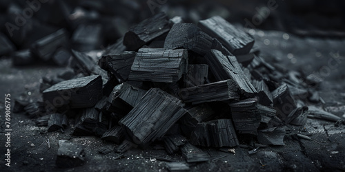 Coal mineral black as a cube stone Still life of ashes with charcoal a close up of charcoal with a fire in the background.AI Generative