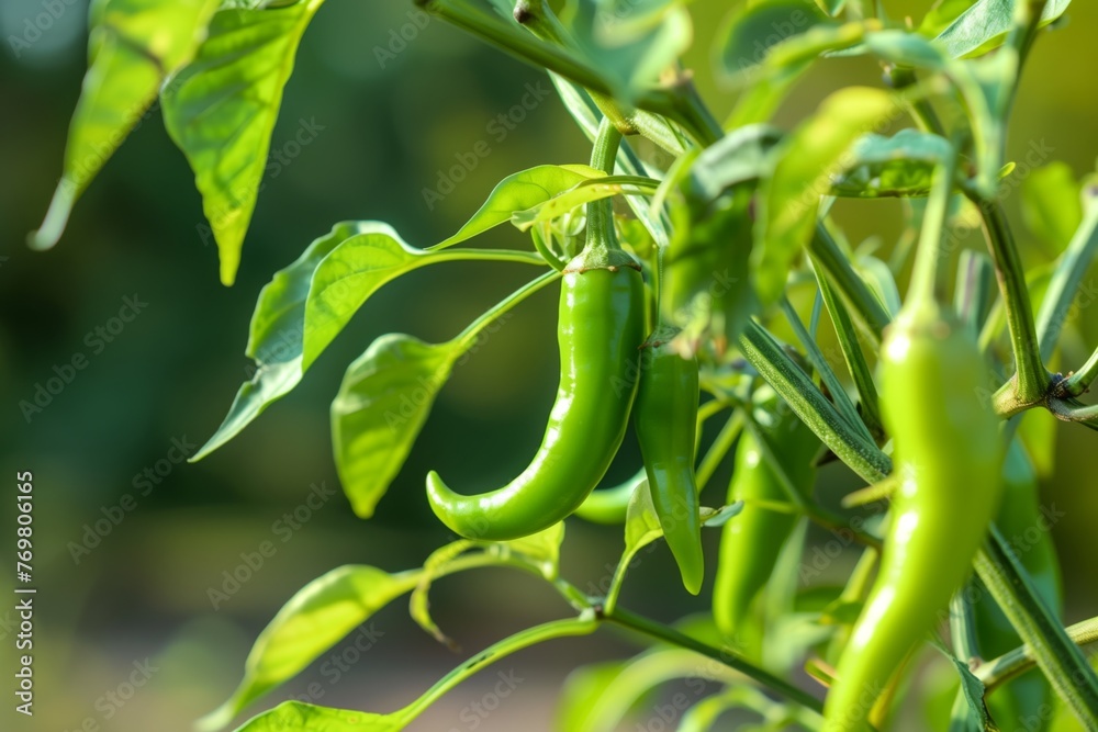 closeup of green chili on the vine closeup of green chili on the vine