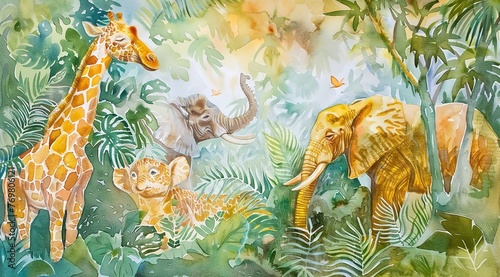 Watercolor Jungle Theme with Animals like Elephant