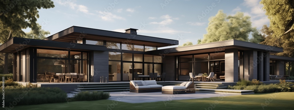 A contemporary Ranch exterior leading to a sophisticated modern living room, with expansive glass doors, elegant furnishings, and a serene color palette, all brought to life in stunning.