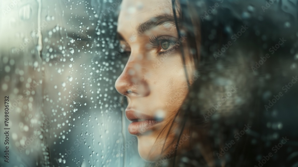 Woman in rainy day, window with water droplets