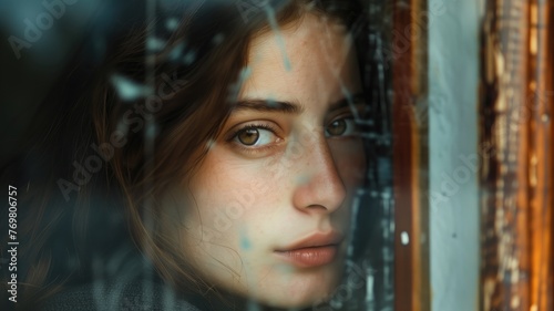 Close-up of a woman's face looking through raindrop-covered window, appearing contemplative or wistful.