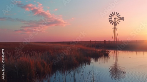 A serene sunset with a windmill by pond surrounded tall grasses.