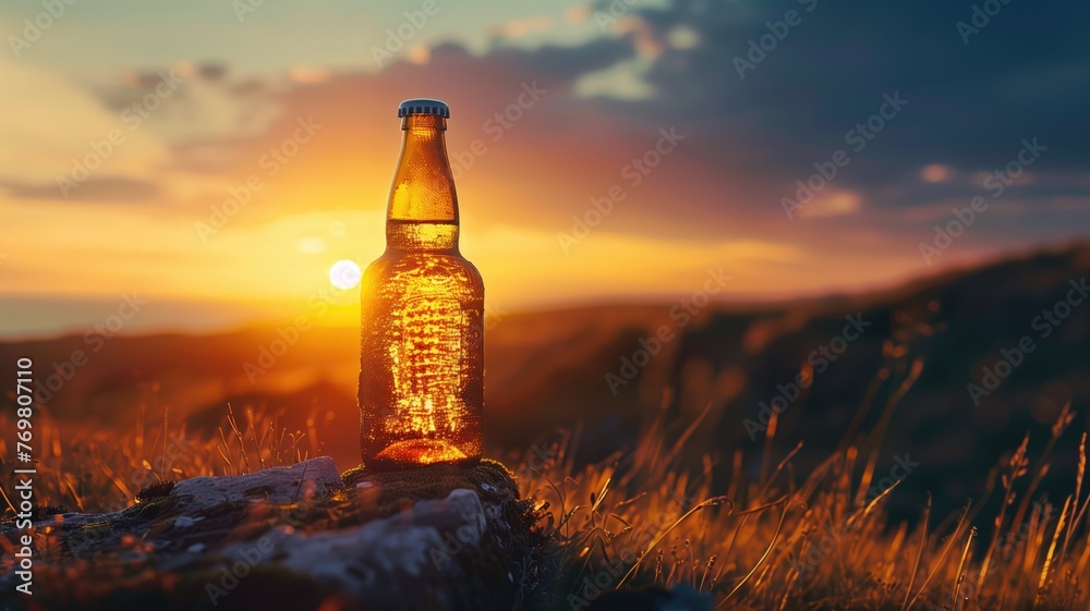 A glass bottle is illuminated by a vivid sunset, placed amid tall grass on hillside. - obrazy, fototapety, plakaty 