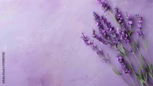 A bunch of lavender flowers lying on a textured purple surface with ample space for text.