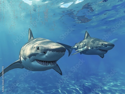 A close-up view of two great white sharks in their natural ocean habitat  showcasing marine wildlife.