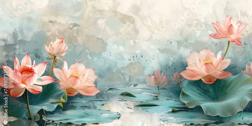 Tranquil Lotus Flowers and Water Lilies in a Pond Painting Serene Nature Scene with Floral Reflections © SHOTPRIME STUDIO