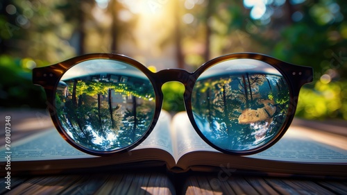 Sunglasses resting on an open book with nature reflection, backlit by a sun flare.