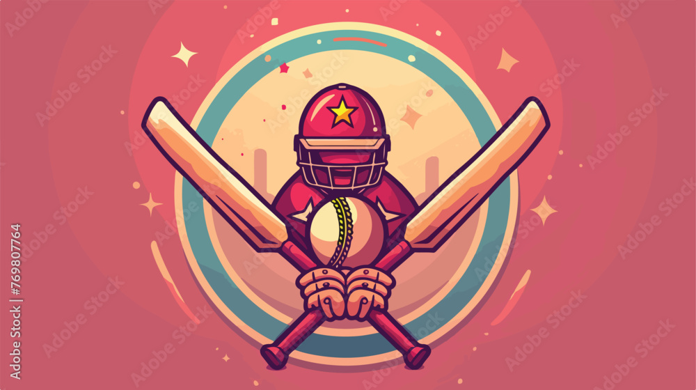 Cricket emblem wit ball and bats flat cartoon  - obrazy, fototapety, plakaty 
