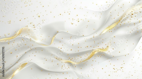 A white waves with golden glittering dots. The gold shimmering particles, luxury,  background, sparkling effect, gold sprinkles, wavelike pattern. Generated by artificial intelligence.
