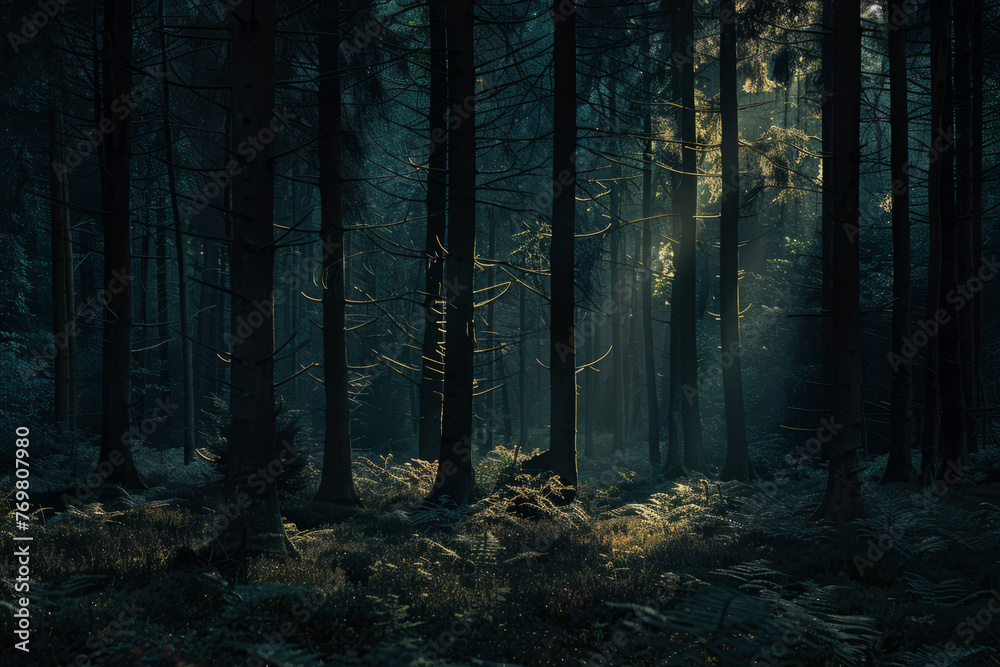 Fototapeta premium Fairy mysterious dark forest landscape. Generative AI