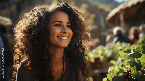 A joyful curly-haired woman smiles brightly, surrounded by vines in a sunlit vineyard, suggesting a feeling of happiness and contentment