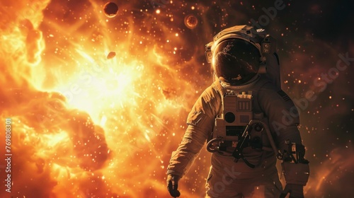astronaut observing an explosion of a planet in space in high resolution and high quality