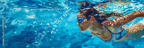 Young woman gliding through the water of a swimming pool, her body streamlined and focused