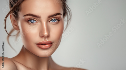 Beautiful woman with perfect face and clean skin portrait on gray background, close up of beautiful young girl model with blue eyes looking at camera, spa or beauty salon concept, copy space for your 