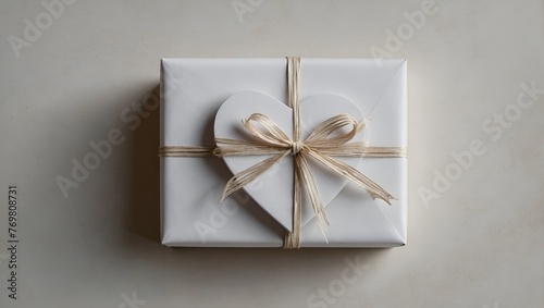 Gift with minimalist style wrapping design. White heart drawing on box. Gift box with minimalist style wrapping design. White heart drawing on the packaging box. The concept of celebration events
