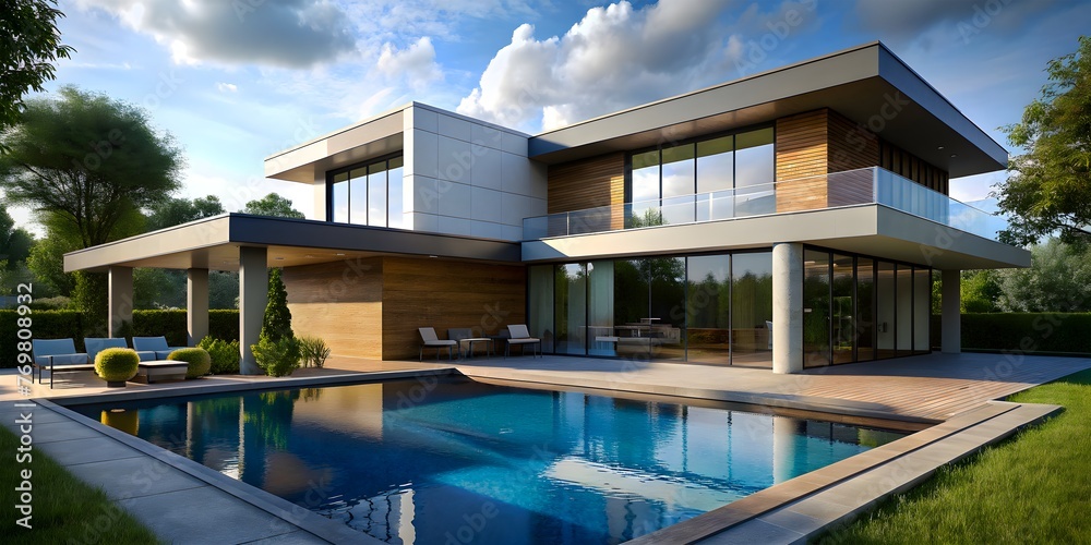 Fototapeta premium Modern Dwelling Featuring Pool Under Cloudy Sky