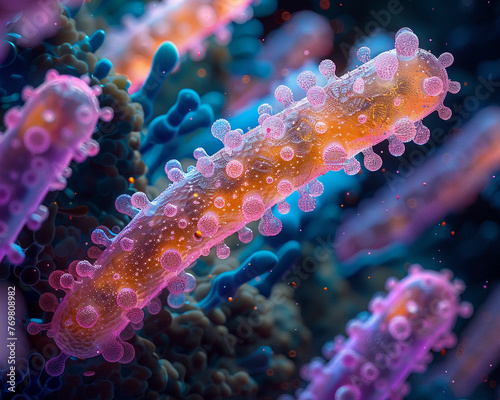 A hyper-detailed illustration of Vibrio vulnificus in its aquatic habitat, highlighting its unique morphology, vibrant colors against a dark background.