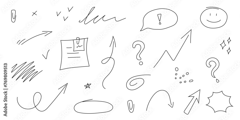 Hand drawn doodle vector set. Smile, arrow, star, scribble, question mark, exclamation mark, blank, spiral, clip. Business vector illustration. Hand drawn doodle vector set. Smile, arrow, star, scribble, question mark, exclamation mark, blank, spiral, clip. Business vector illustration.