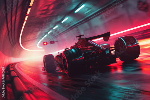 Nighttime, Formula 1 racecar with jetfire illuminating a dark tunnel, zombies chasing in the distance. Professional color grading, no contrast. Digital photo, clean & sharp focus. photo