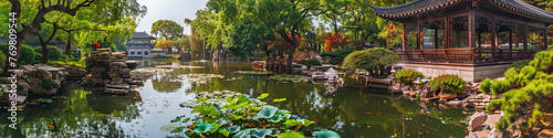 China Suzhou garden landscape banner,created with Generative AI tecnology.