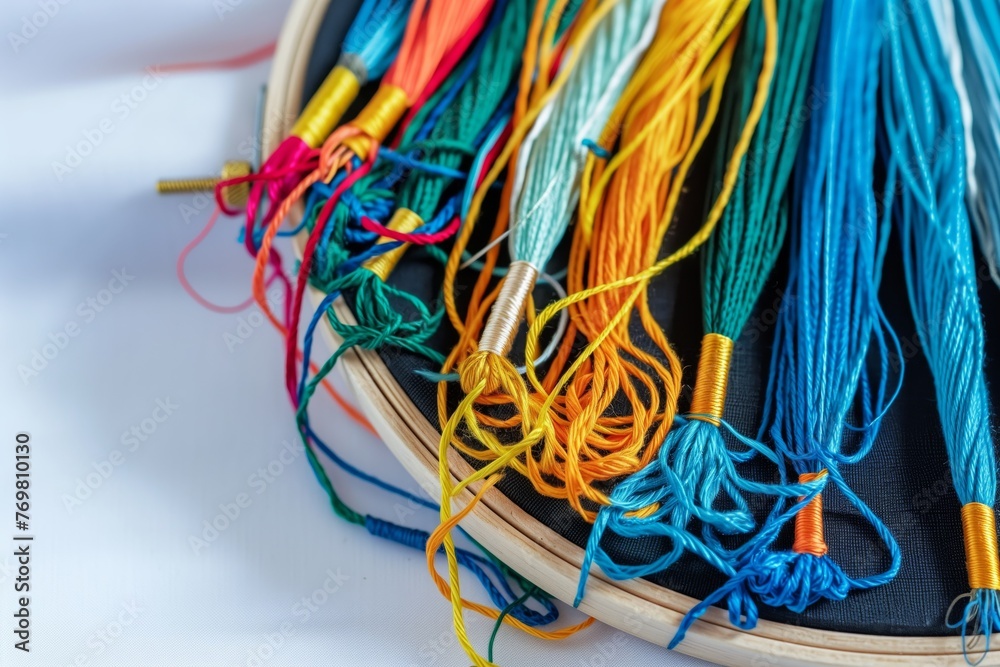 multicolored embroidery floss draped over the edge of a hoop multicolored embroidery floss draped over the edge of a hoop