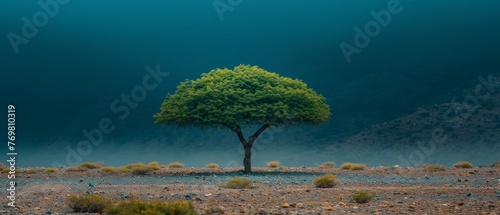   A solitary green tree stands tall amidst a barren desert landscape, framed by a majestic mountain range in the background