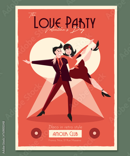 Retro poster with a dancing couple for a St. Valentine's Day party. A poster for a retro Gatsby-style party.