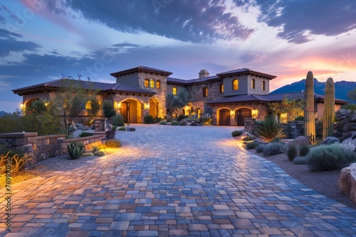 An ornamental stone driveway leads up to an elegant home in the desert of Arizona, at dusk, with lights on and beautiful landscaping around it Generative AI