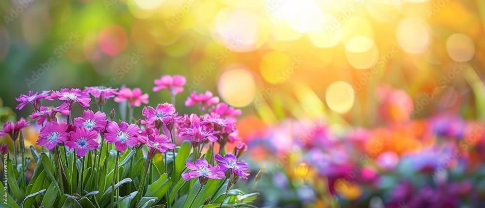 A close-up shot of numerous flowers swaying gently amidst a verdant field, illuminated by the golden beams filtering through the tall trees behind them A close-up shot of numerous flowers swaying gently amidst a verdant field, illuminated by the golden beams filtering through the tall trees behind them