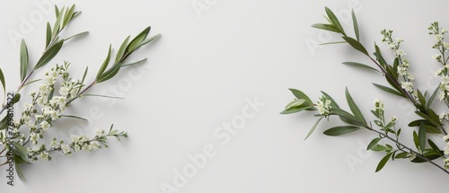   A pair of white blooms resting beside each other on a white backdrop, adorned with lush green foliage