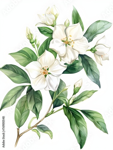 Delicate Watercolor Jasmine Flowers with Green Leaves Botanical © Mickey