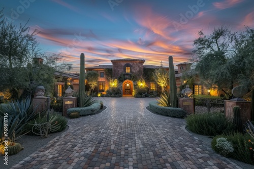 The driveway of an elegant home in the desert, with lights on and large landscaping around it It has arched doorways leading to its wide cobblestone driveway Generative AI photo