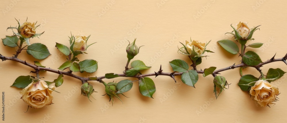 Beige background with yellow wall, close-up of branch featuring flowers and leaves Beige background with yellow wall, close-up of branch featuring flowers and leaves