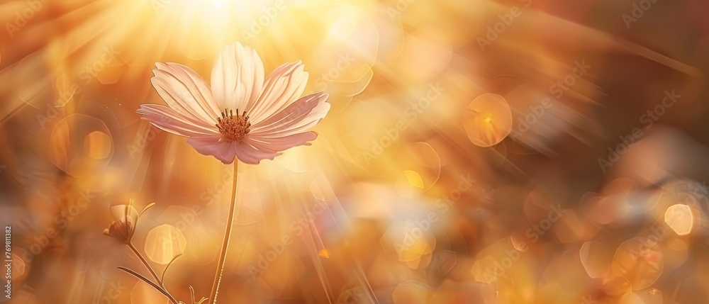   A sunlit close-up of a clear flower in sharp focus against a softly blurred background