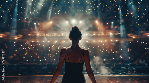 A woman with a melody for a soul, her movements weaving songs into a tapestry of sound, in a concert hall where the audience is the universe.