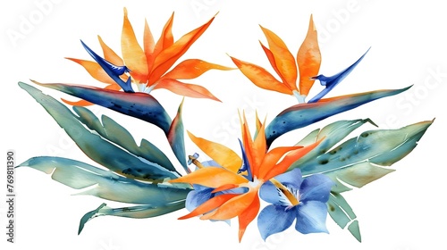 Vibrant Watercolor Bird of Paradise Flowers with Exotic Blue and Orange Blooms and Lush Foliage