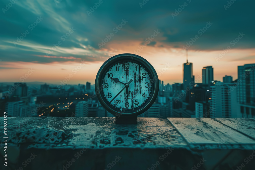 A clock that ticks backward for every injustice undone, in a tower