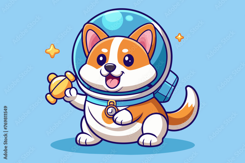 cute baby Corgi wearing a spacesuit is using its teeth to bite a bone-shaped toy