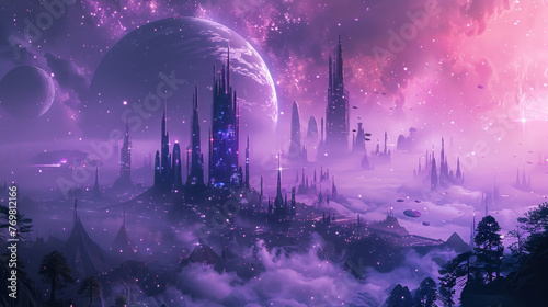 An ethereal city floating on a nebula, where the inhabitants ride comets around solar systems, and the night sky is their canvas of light.